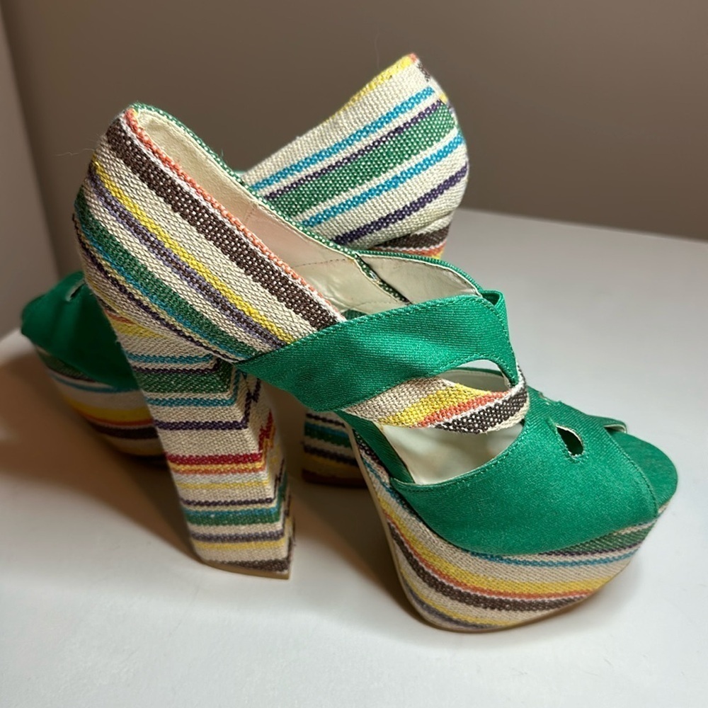 🔥Women's Fahrenheit green denim block color open toe stiletto heels size 7 - Picture 2 of 14